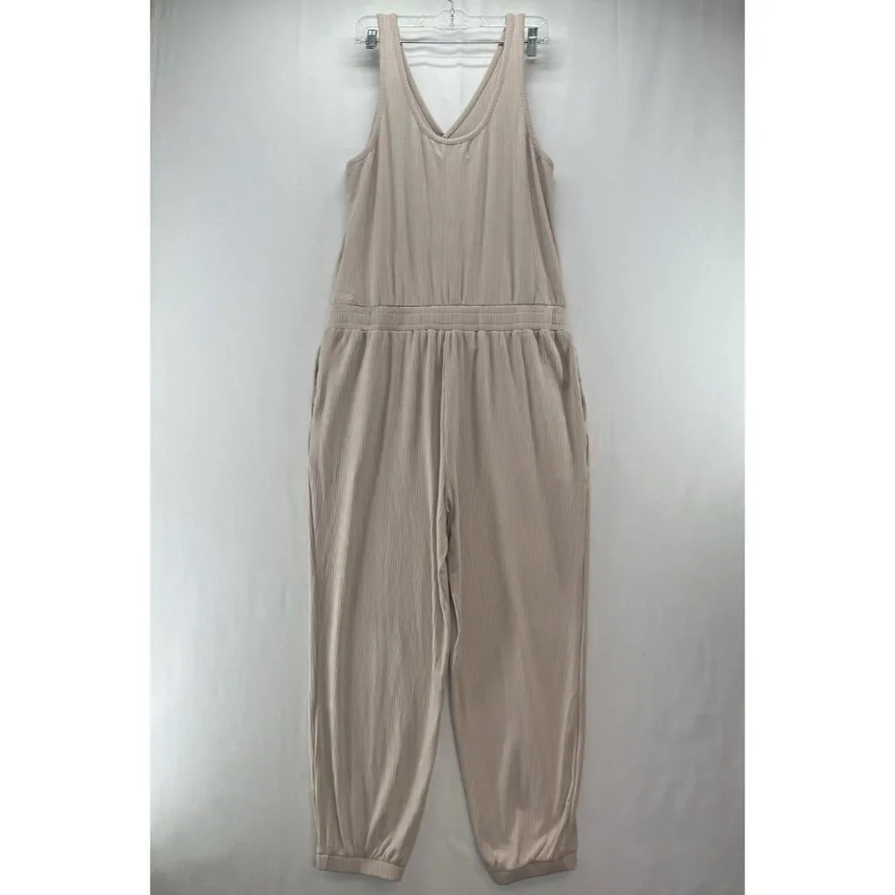 DOKOTOO Jumpsuit Size XL Ribbed Sleeveless Popover Tapered Cropped Beige - Picture 2 of 13